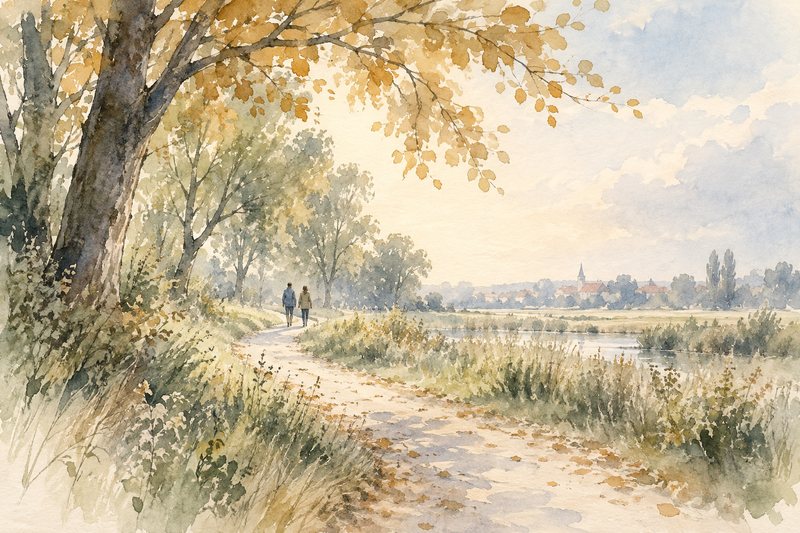 Helles Aquarell mit zwei Menschen, die gemeinsam auf einem Weg am Wasser spazieren