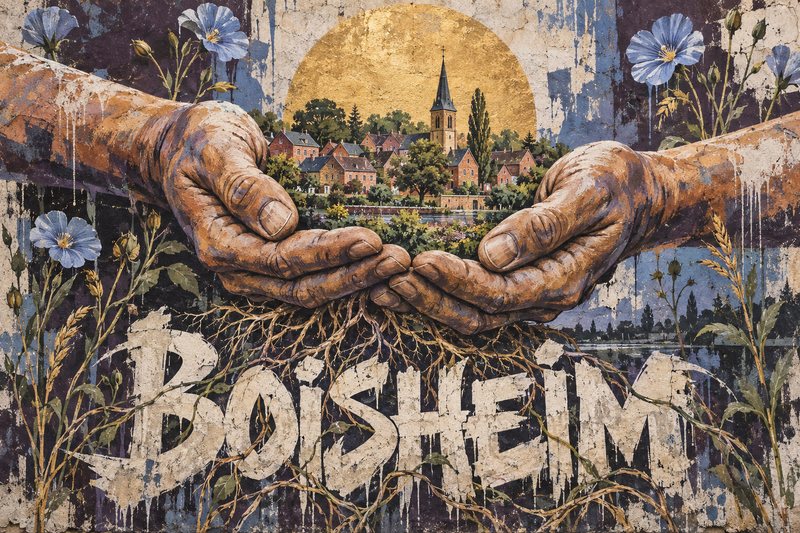 Illustration mit schützenden Händen, Wurzeln, Dorfmotiv und dem Schriftzug Boisheim