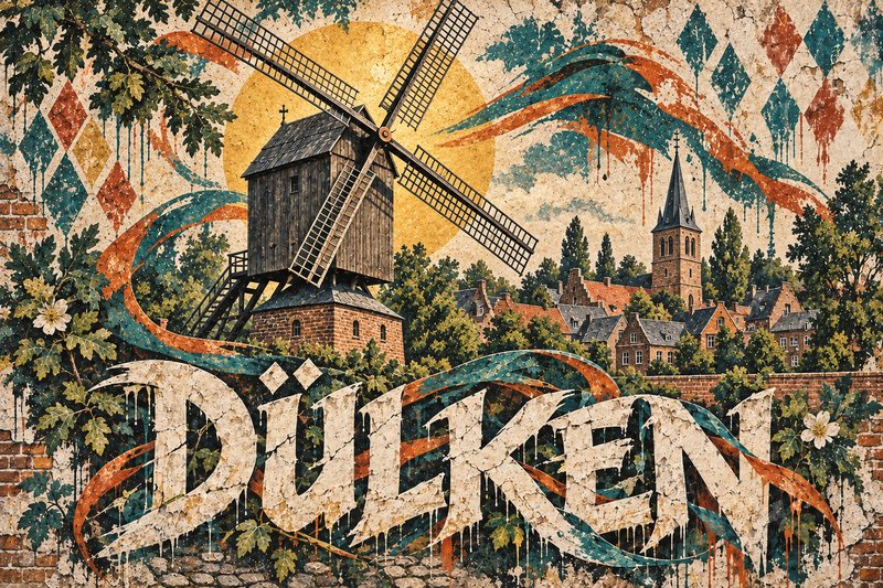 Illustration mit Windmühle, Häusern und dem Schriftzug Dülken in warmen Naturfarben
