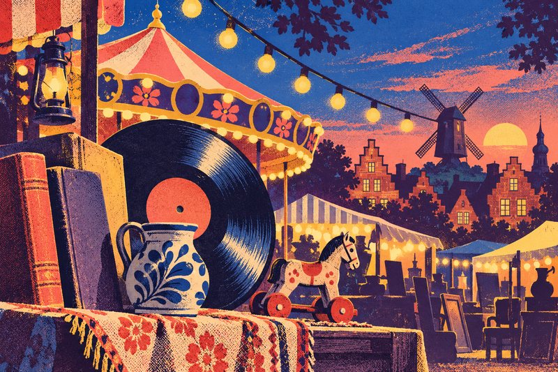 Plakatillustration mit Karussell, Lichterketten und Marktständen in einer erfundenen Abendszene