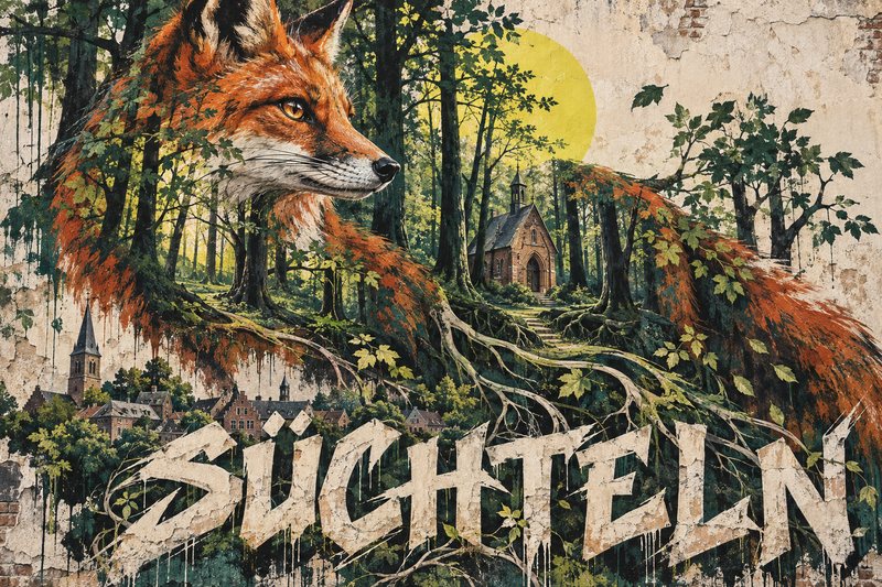 Illustration mit Fuchs, Wald, Kapelle und dem Schriftzug Süchteln