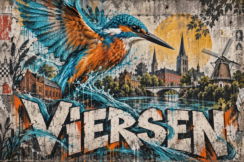 Künstlerische Stadtcollage mit Eisvogel, Gebäuden, Windmühle und dem Schriftzug Viersen