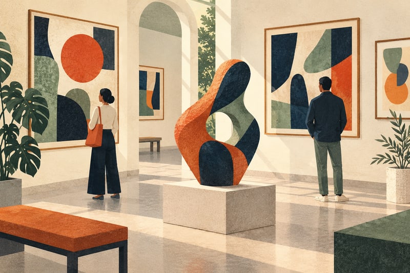 Illustrierter Ausstellungsraum mit Kunst und Besuchern – KI-Symbolbild