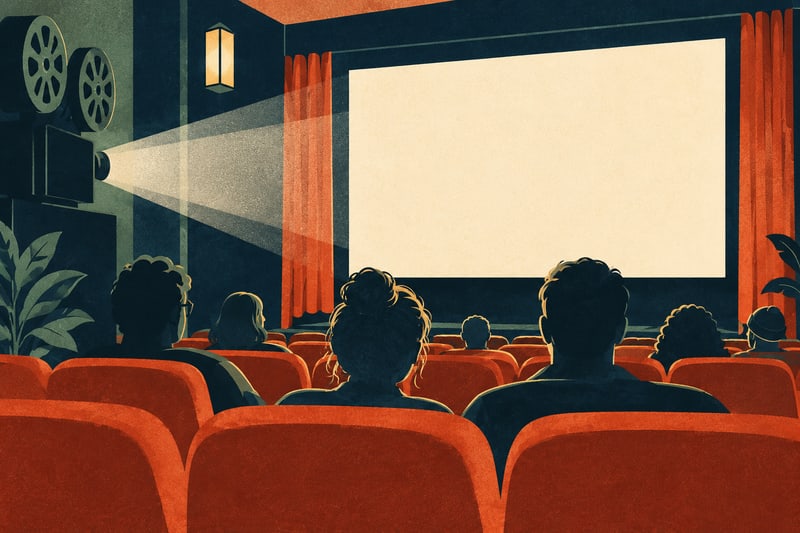 Illustrierter Kinosaal mit Leinwand und Publikum – KI-Symbolbild