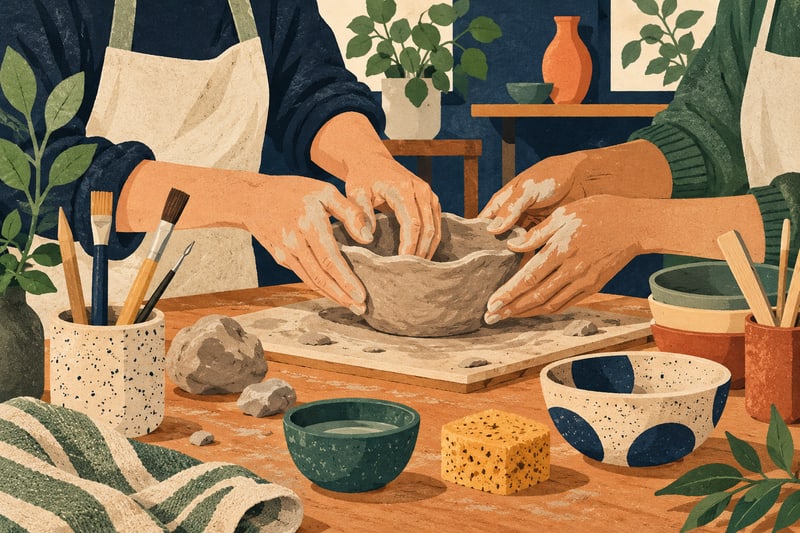 Illustrierter Kreativtisch mit Ton und Keramik – KI-Symbolbild