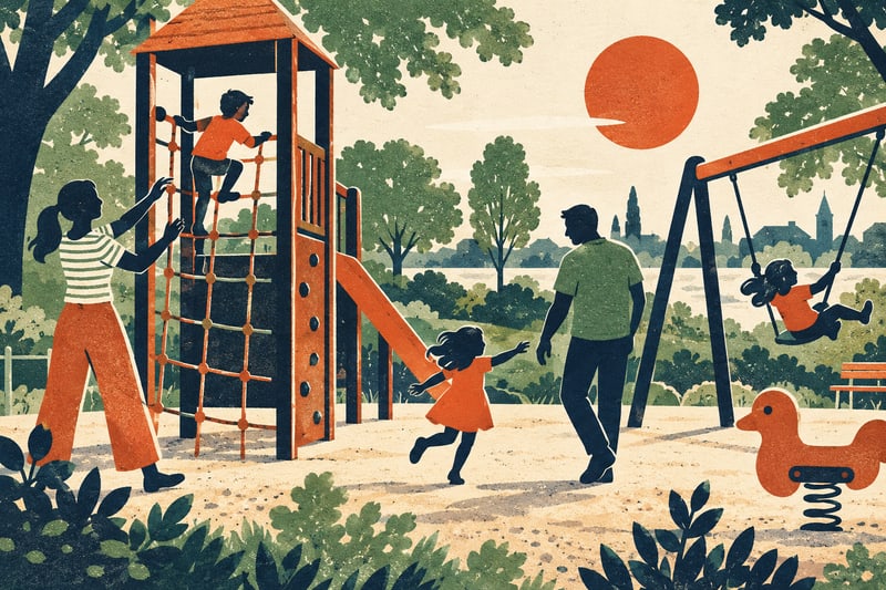 Illustrierter Spielplatz mit einer Familie – KI-Symbolbild