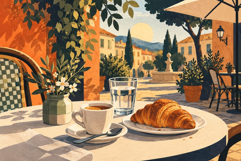Illustrierter Café-Tisch mit Kaffee und Croissant – KI-Symbolbild