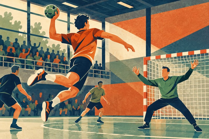 Illustrierter Handballwurf in einer Sporthalle – KI-Symbolbild