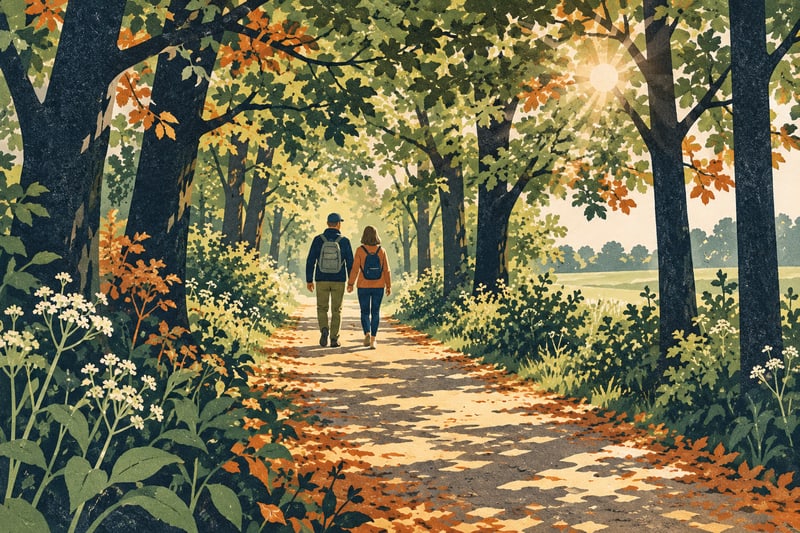 Illustrierter Waldweg mit Spaziergängern – KI-Symbolbild