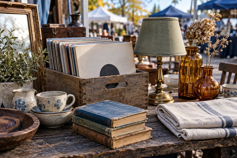 Schallplatten, alte Bücher und kleine Fundstücke an einem Trödelstand – KI-Symbolbild