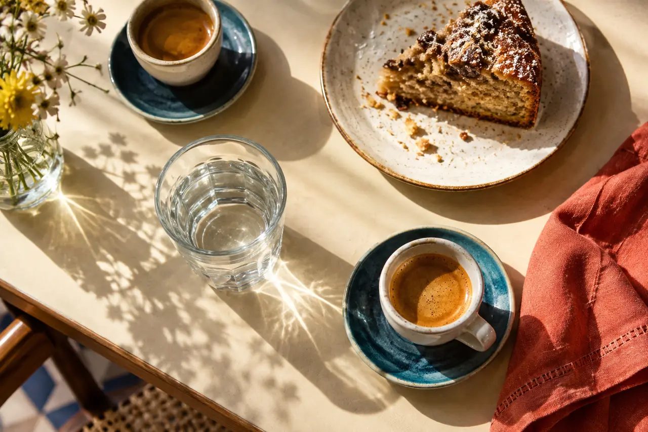 Café, gutes Essen und Abendstimmung – KI-generiertes Magazinbild