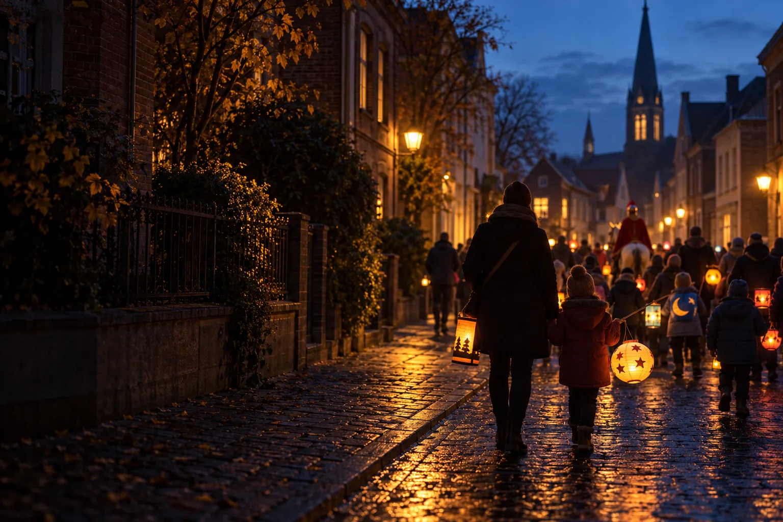 Illustration eines abendlichen Laternenzugs durch eine Stadtstraße