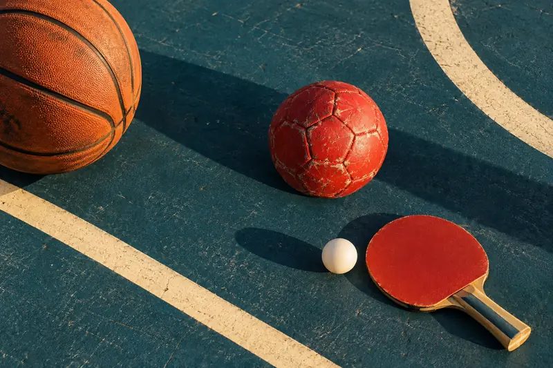 Basketball, Handball und Tischtennisschläger auf einem Spielfeld – KI-Symbolbild