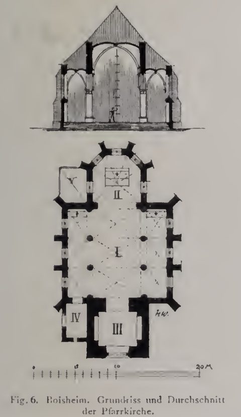 Grundriss und Querschnitt von St. Peter in Boisheim aus Paul Clemens Kunstdenkmälern von 1891; Ausschnitt mit historischer Bildunterschrift.
