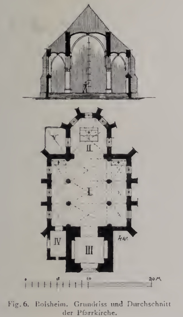 Grundriss und Querschnitt von St. Peter in Boisheim aus Paul Clemens Kunstdenkmälern von 1891; Ausschnitt mit historischer Bildunterschrift.