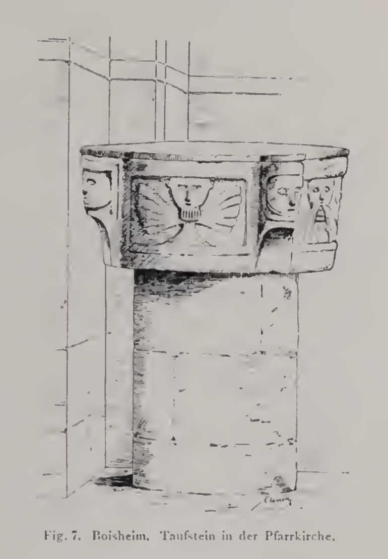 Historische Zeichnung des Taufsteins von St. Peter mit skulptierten Köpfen am Beckenrand, aus Paul Clemens Kunstdenkmälern von 1891.