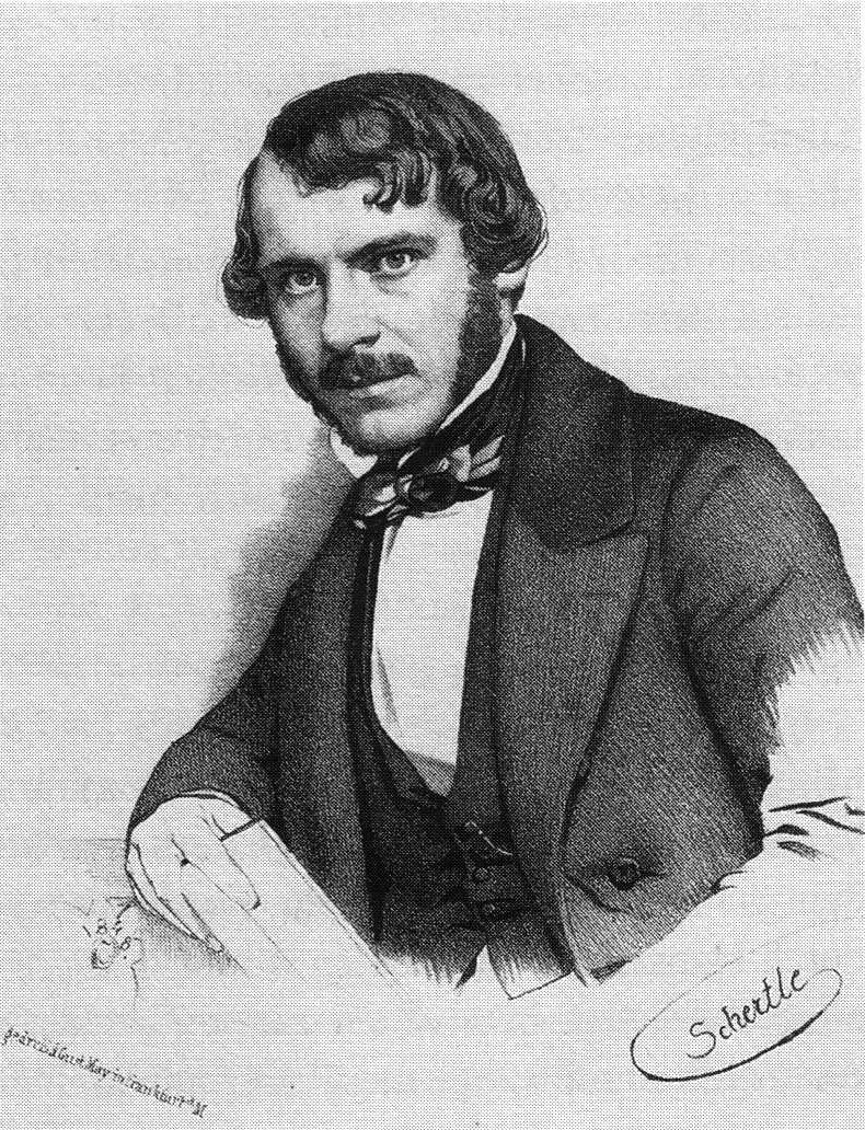 Lithografisches Porträt von Gustav Mevissen mit dunklem Haar, Halstuch und hellem Hemd, nach Valentin Schertle, 1848.