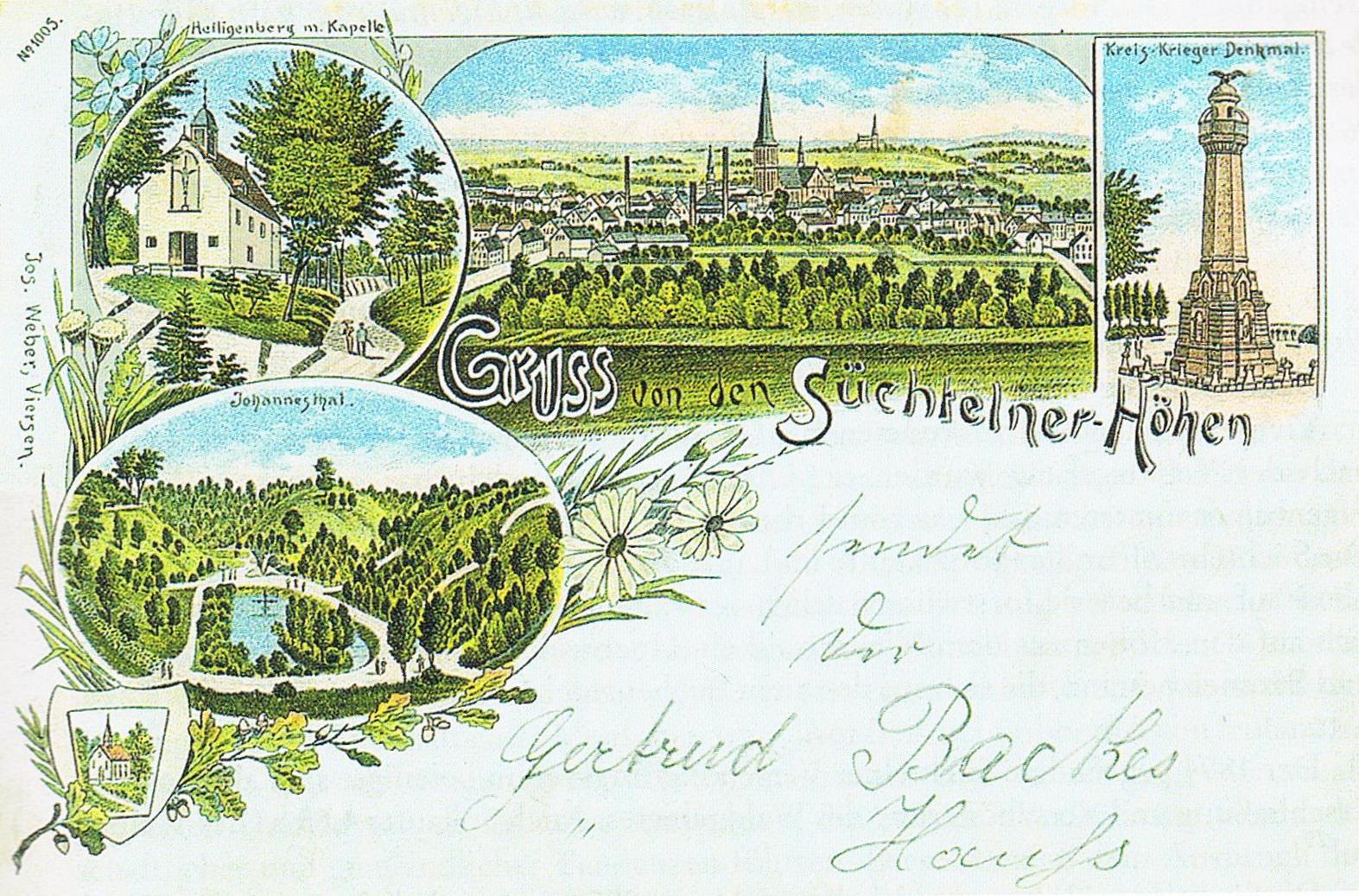 Illustrierte Ansichtskarte von 1897 mit Süchtelner Stadtansicht, Irmgardiskapelle, Johannestal und historischem Kreis-Krieger-Denkmal.