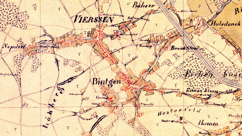Ausschnitt einer historischen Karte von 1805/06 mit den damals getrennten Siedlungen Viersen und Rintgen sowie Hülsdonk.