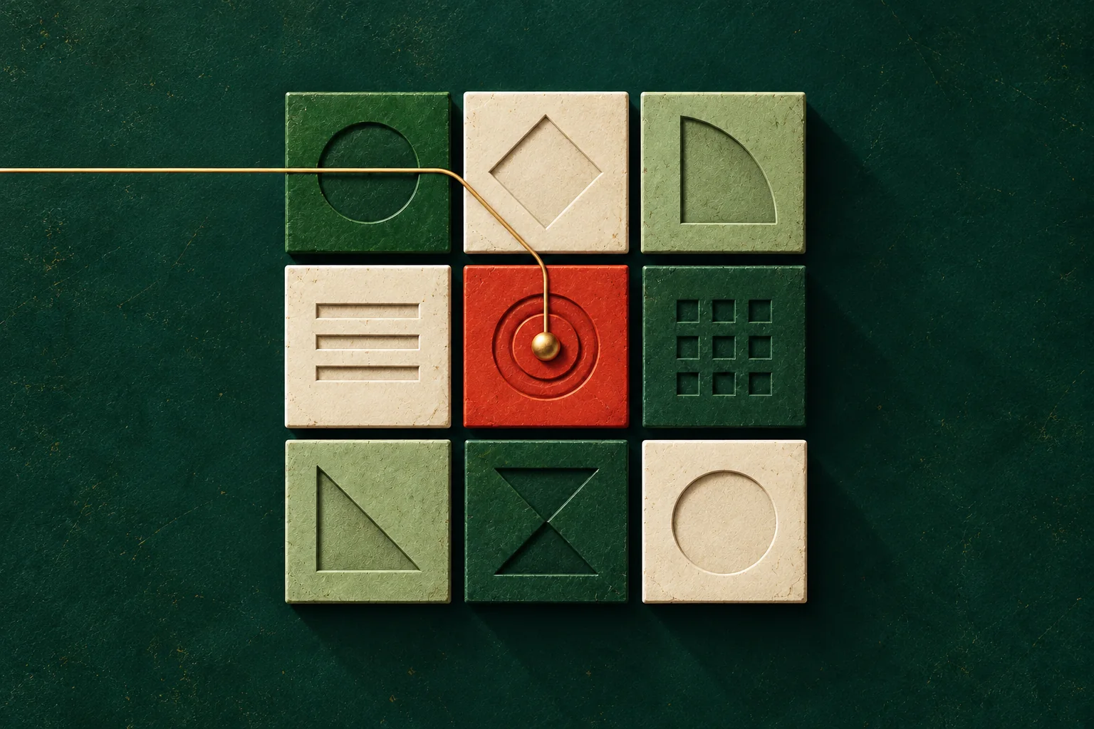 Neun quadratische Spielsteine bilden ein 3×3-Raster; der rote Mittelstein wird von einer goldenen Linie getroffen.